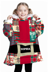 Personalized Blanket Hoodies, Santa's Coat Christmas Pattern Patchwork Custom Name Oversized Blanket Hoodie