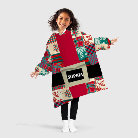 Image of Personalized Blanket Hoodies, Santa's Coat Christmas Pattern Patchwork Custom Name Oversized Blanket Hoodie