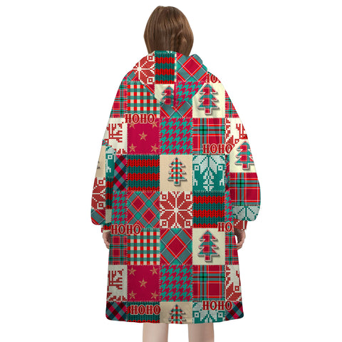 Image of Personalized Blanket Hoodies, Santa's Coat Christmas Pattern Patchwork Custom Name Oversized Blanket Hoodie