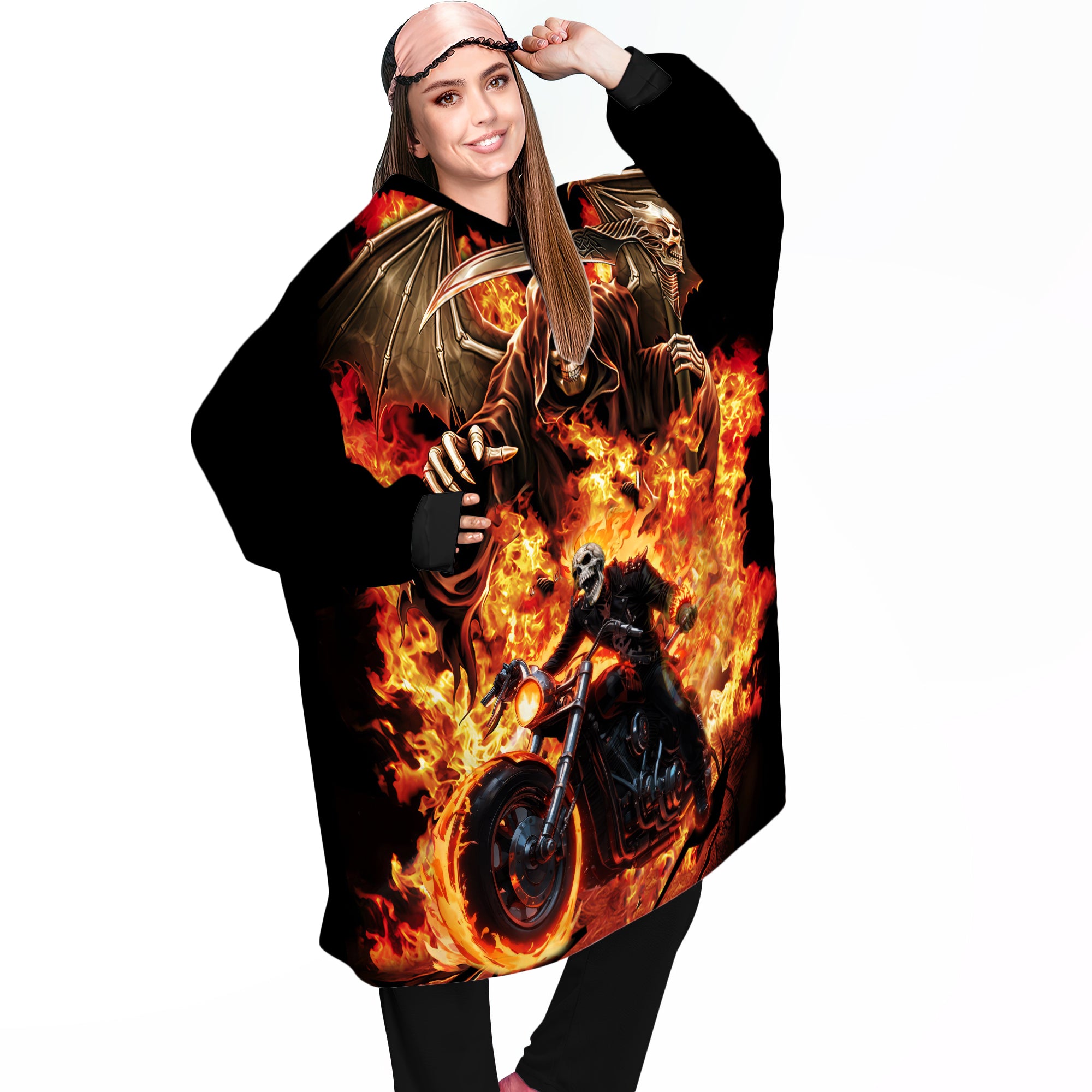 Personalized Blanket Hoodies, Motorcycle Fire Skull Riding Oversized Blanket Hoodie