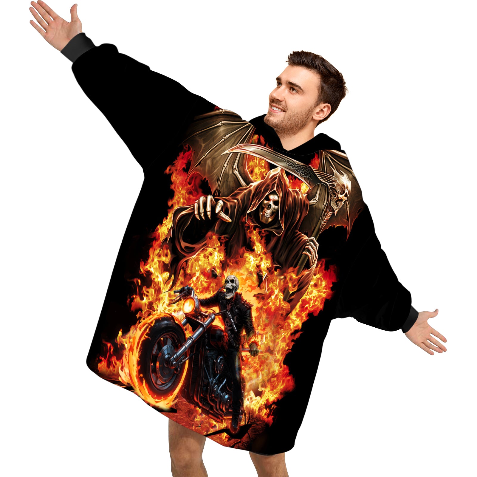 Personalized Blanket Hoodies, Motorcycle Fire Skull Riding Oversized Blanket Hoodie