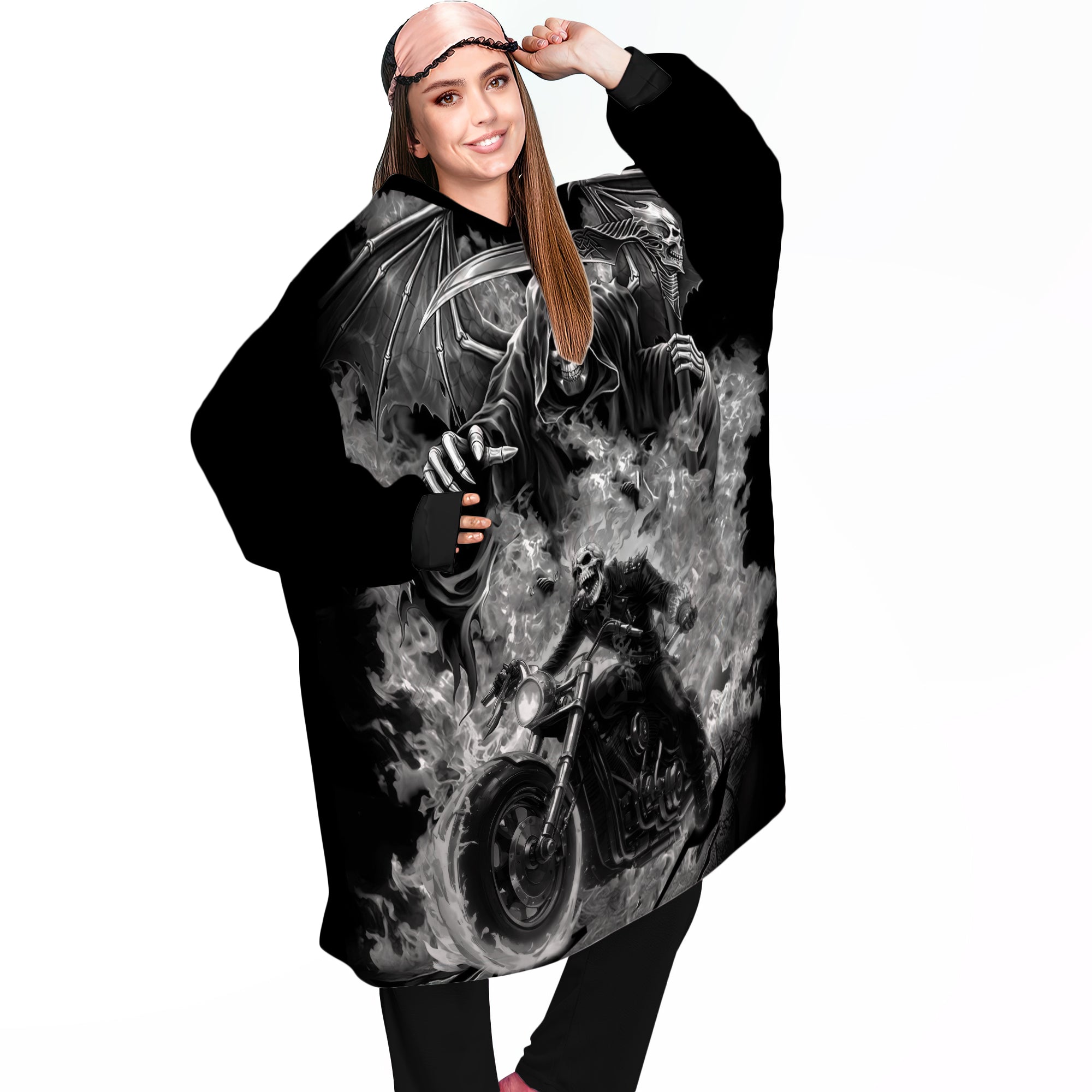 Personalized Blanket Hoodies, Motorcycle Fire Skull Riding Oversized Blanket Hoodie