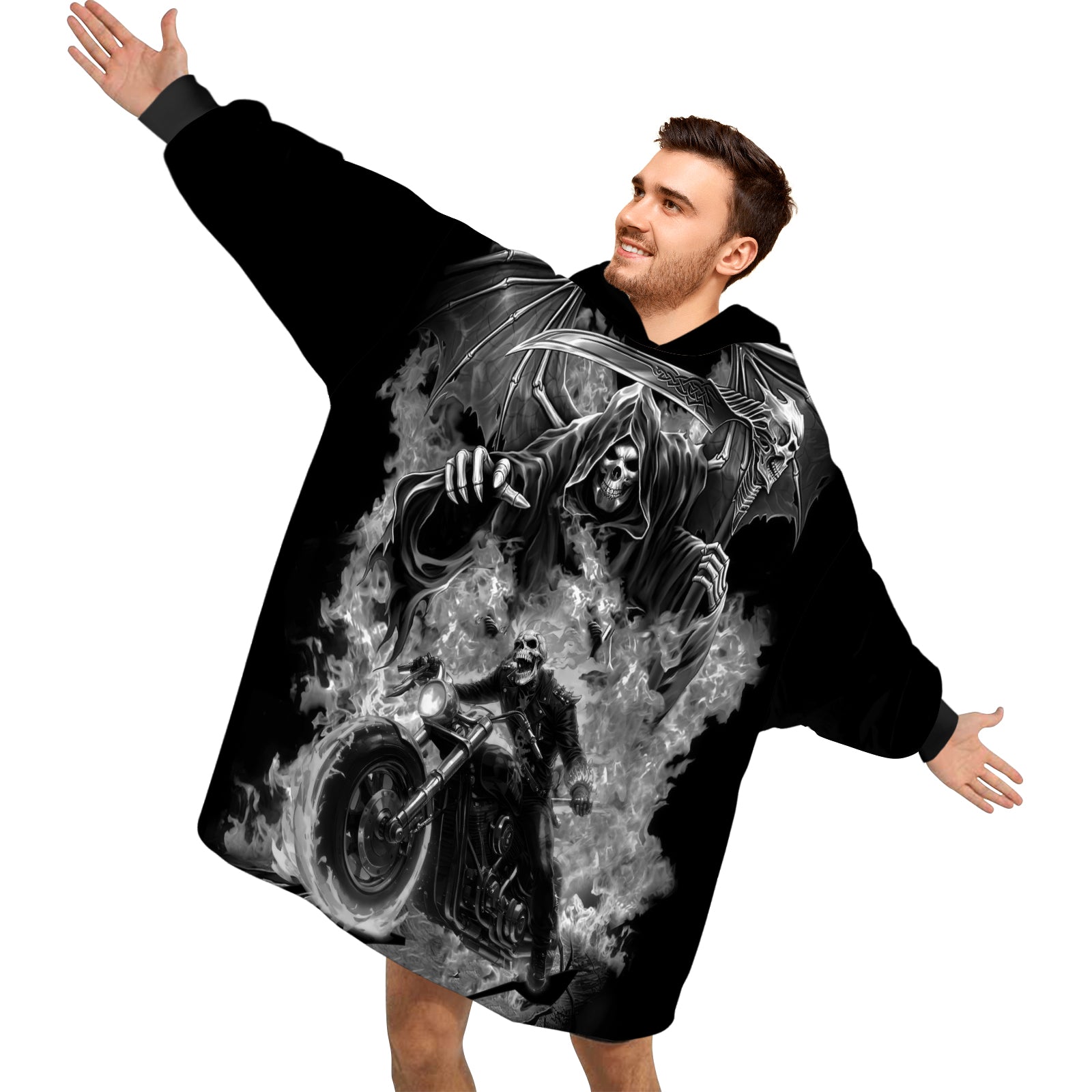 Personalized Blanket Hoodies, Motorcycle Fire Skull Riding Oversized Blanket Hoodie