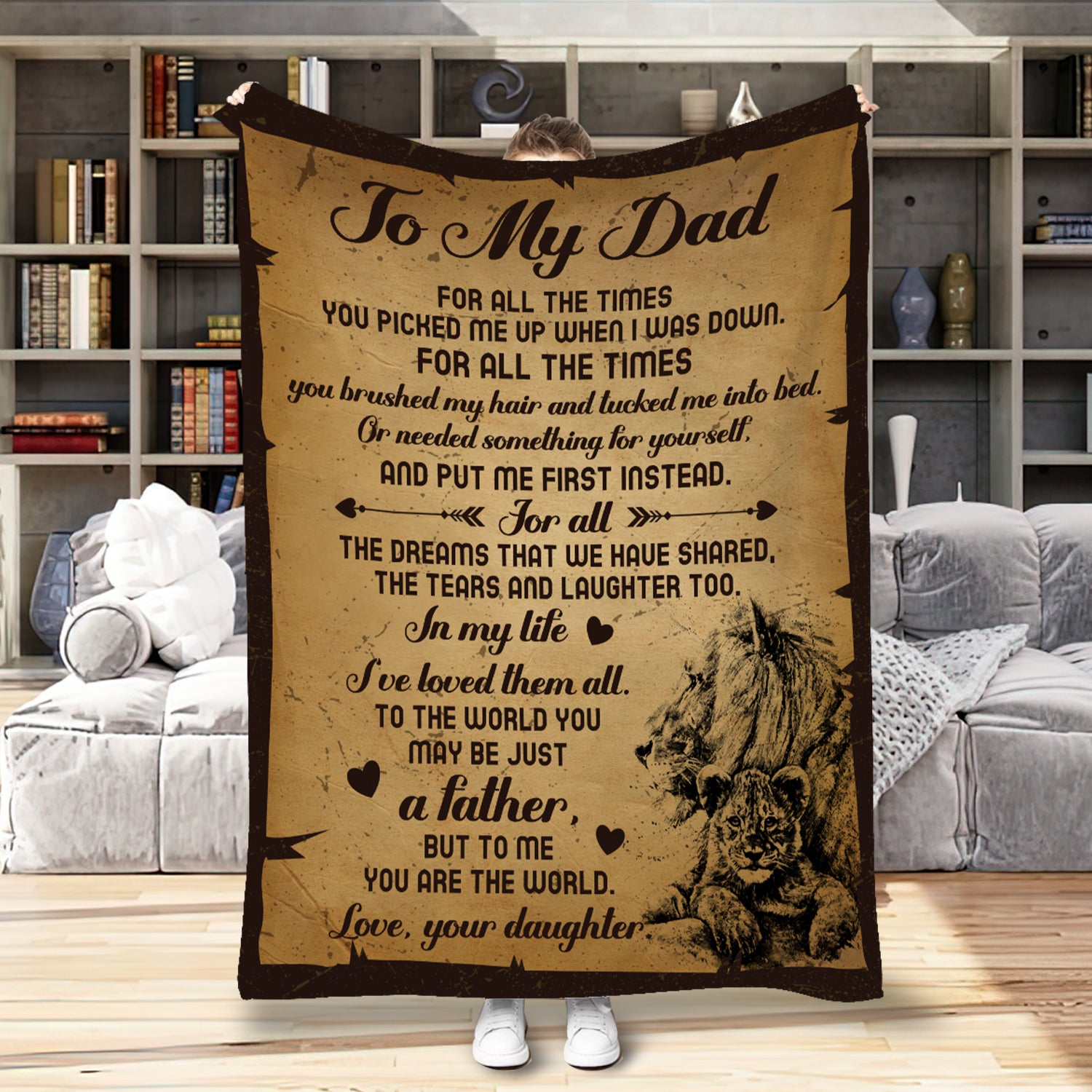Personalized Dad Blanket, Custom Letter To My Dad Blanket From Daughter, Lion Dad Blanket, Message Blanket, Father's Day Gift