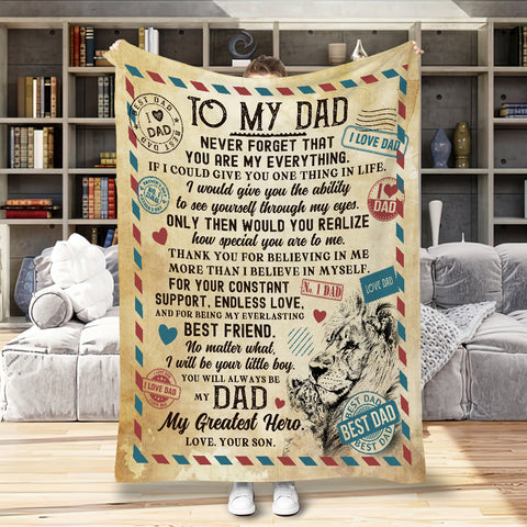 Image of Personalized Dad Blanket, Custom Letter To My Dad Blanket From Son, Lion Dad Blanket, Message Blanket, Father's Day Gift