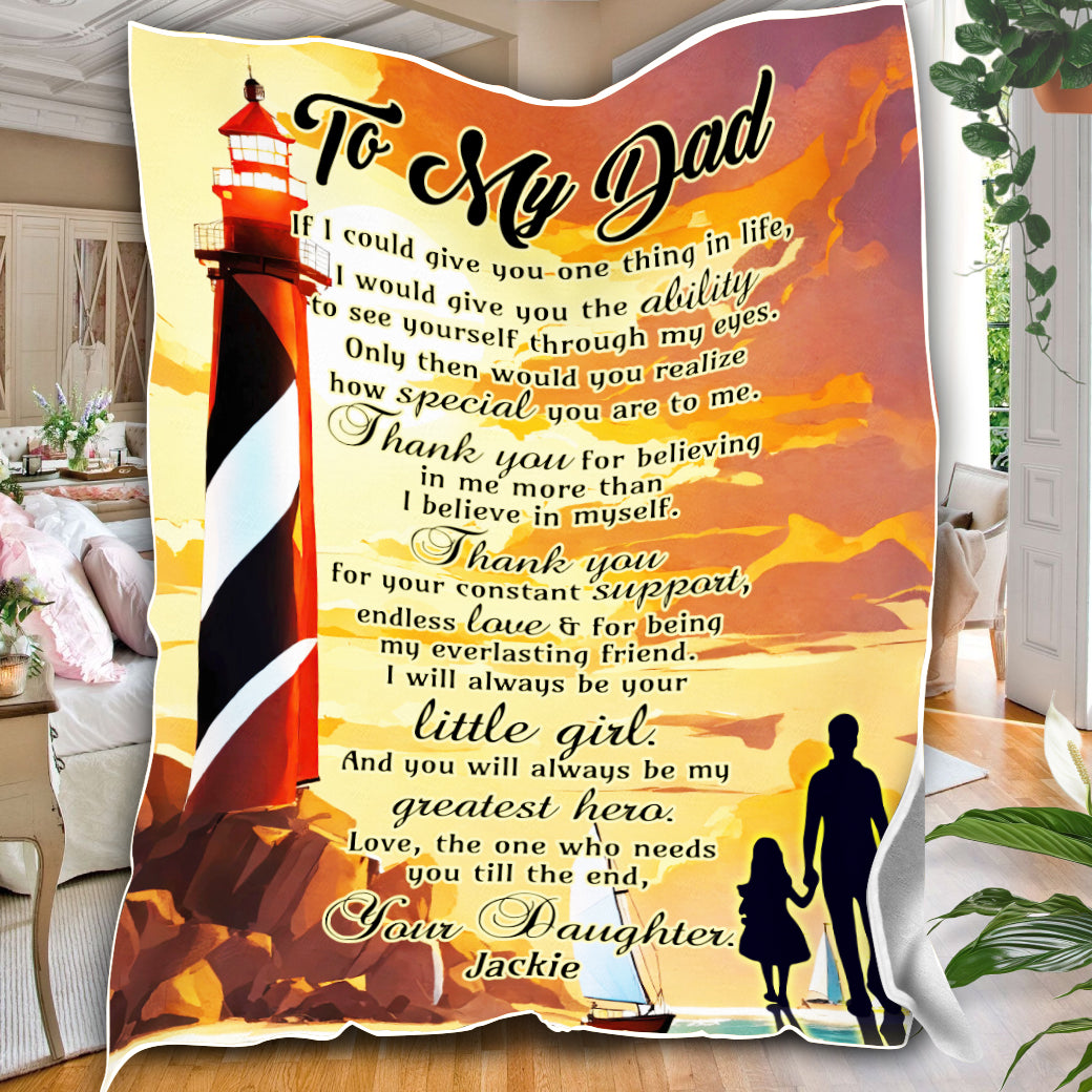 Personalized Dad Blanket, Custom Lighthouse Sunset To My Dad Blanket, Message Blanket, Blanket Gift for Dad, Father's Day Gifts