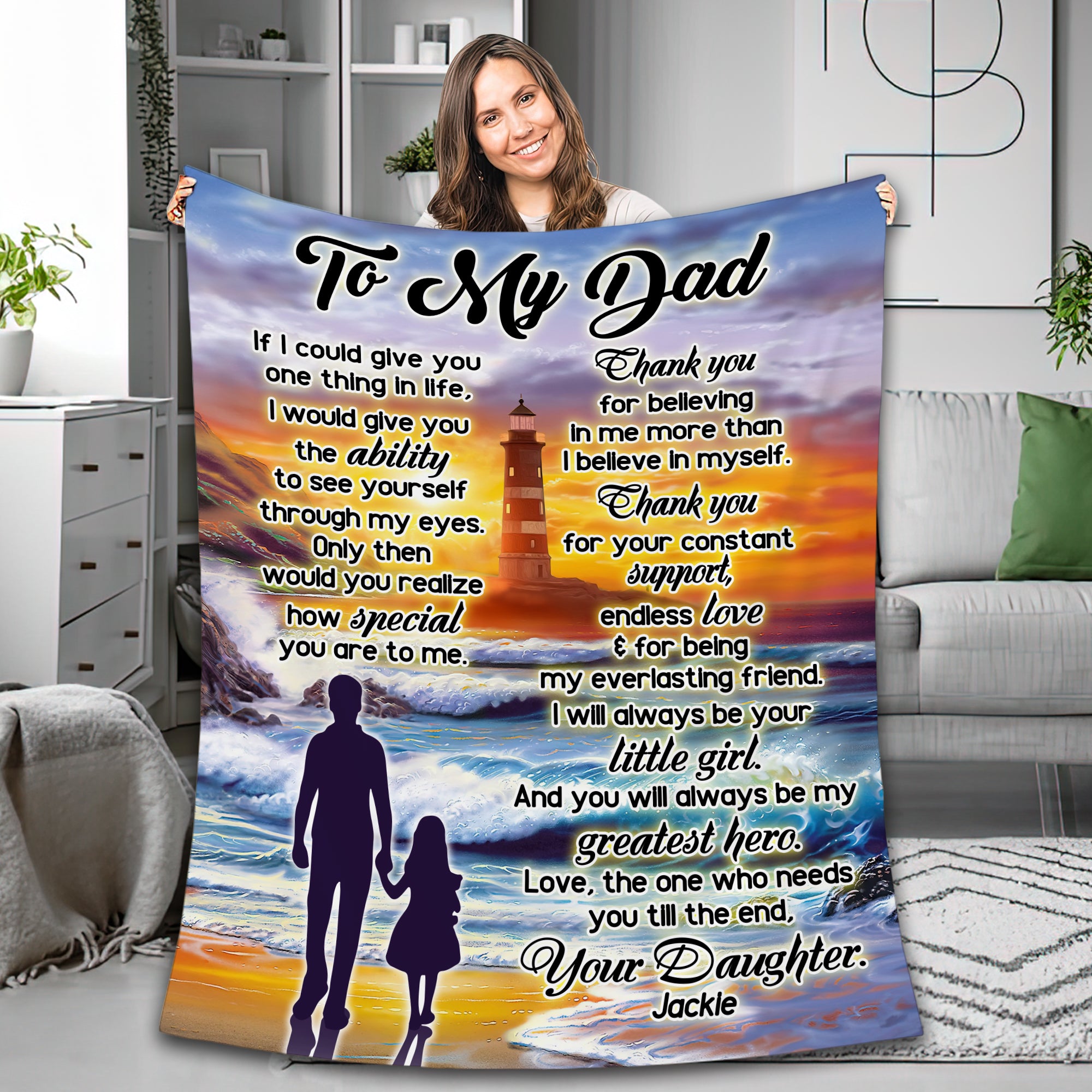 Personalized Dad Blanket, Custom Sunset Lighthouse To My Dad Blanket, Message Blanket, Blanket Gift for Dad, Father's Day Gift