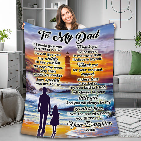 Image of Personalized Dad Blanket, Custom Sunset Lighthouse To My Dad Blanket, Message Blanket, Blanket Gift for Dad, Father's Day Gift