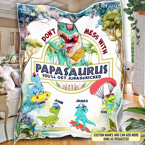 Image of Personalized Dad Blanket, Custom Papasaurus Blanket, Message Blanket, Custom Dinosaur Kids Blanket, Father's Day Gift
