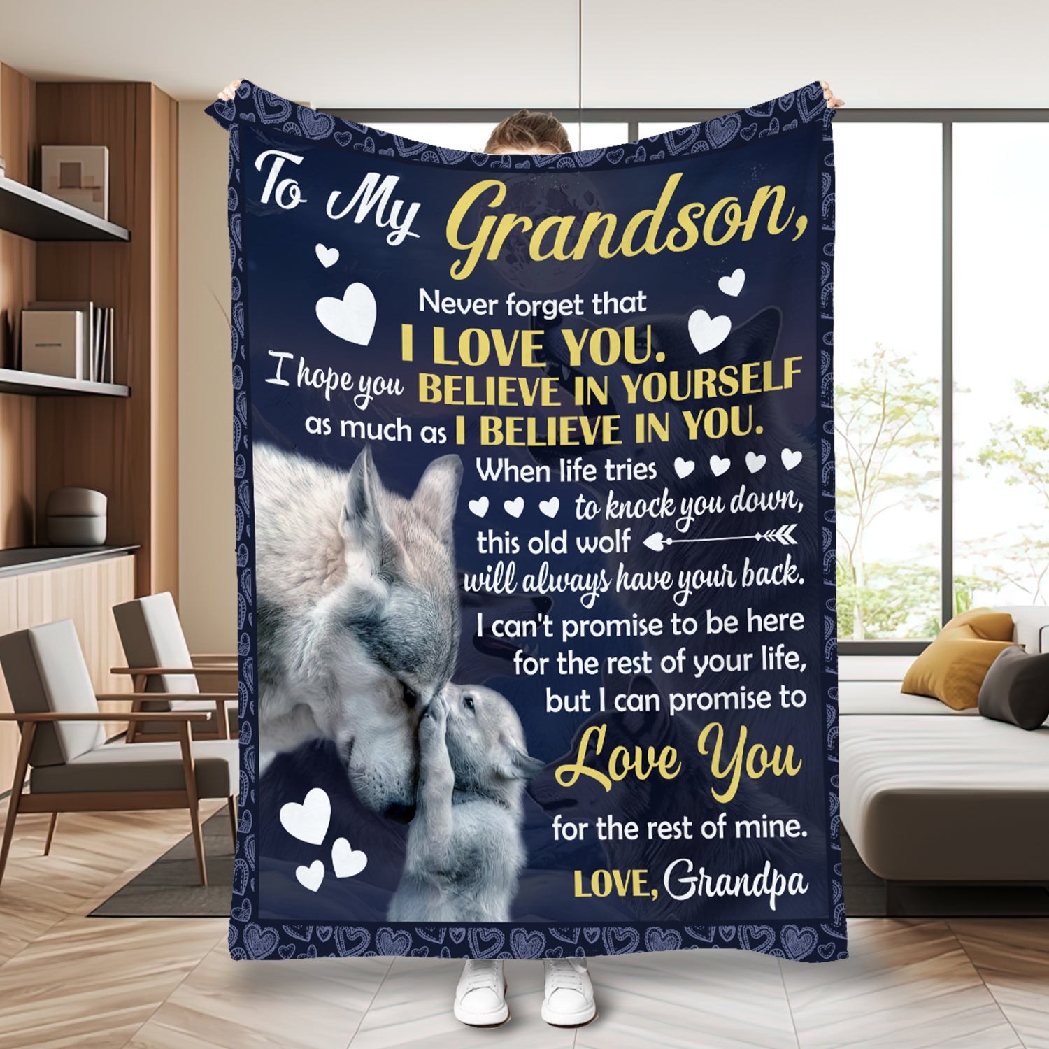 Personalized Grandson Blanket Wolf To My Grandson Blanket, Blanket for Grandson, Message Blanket, Gift For Grandson