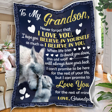 Image of Personalized Grandson Blanket Wolf To My Grandson Blanket, Blanket for Grandson, Message Blanket, Gift For Grandson