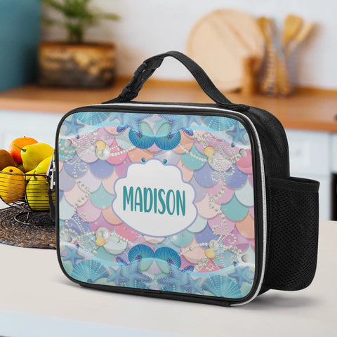 Image of Personalized Kids Backpack and Lunch Box Set, Custom Name Mermaid Pattern Backpack With Lunch Box, School Backpacks Matching Combo