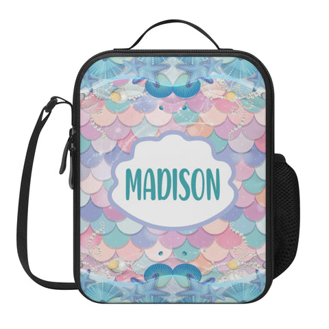 Image of Personalized Kids Backpack and Lunch Box Set, Custom Name Mermaid Pattern Backpack With Vertical Lunch Box Matching Combo