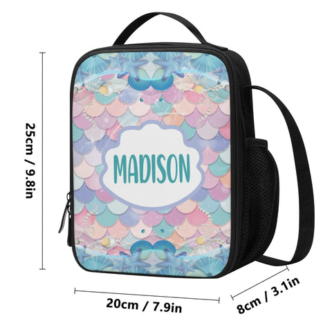 Image of Personalized Kids Backpack and Lunch Box Set, Custom Name Mermaid Pattern Backpack With Vertical Lunch Box Matching Combo