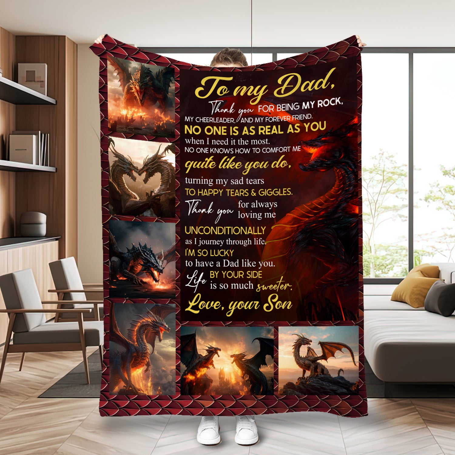 Personalized Dad Blanket, Dragon Father & Son Blanket, Blanket for Dad, Birthday Blanket, Message Blanket, Gift For Dad