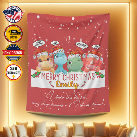 Image of USA Printed Custom Blanket, Dinosaur Christmas Blanket, Personalized Blanket, Dinosaur Baby Blanket, Christmas Custom Dino Name Blanket, Girl Blanket, Christmas Baby Sherpa Blanket, Fleece Blanket, Baby Shower Gift, Christmas Gifts