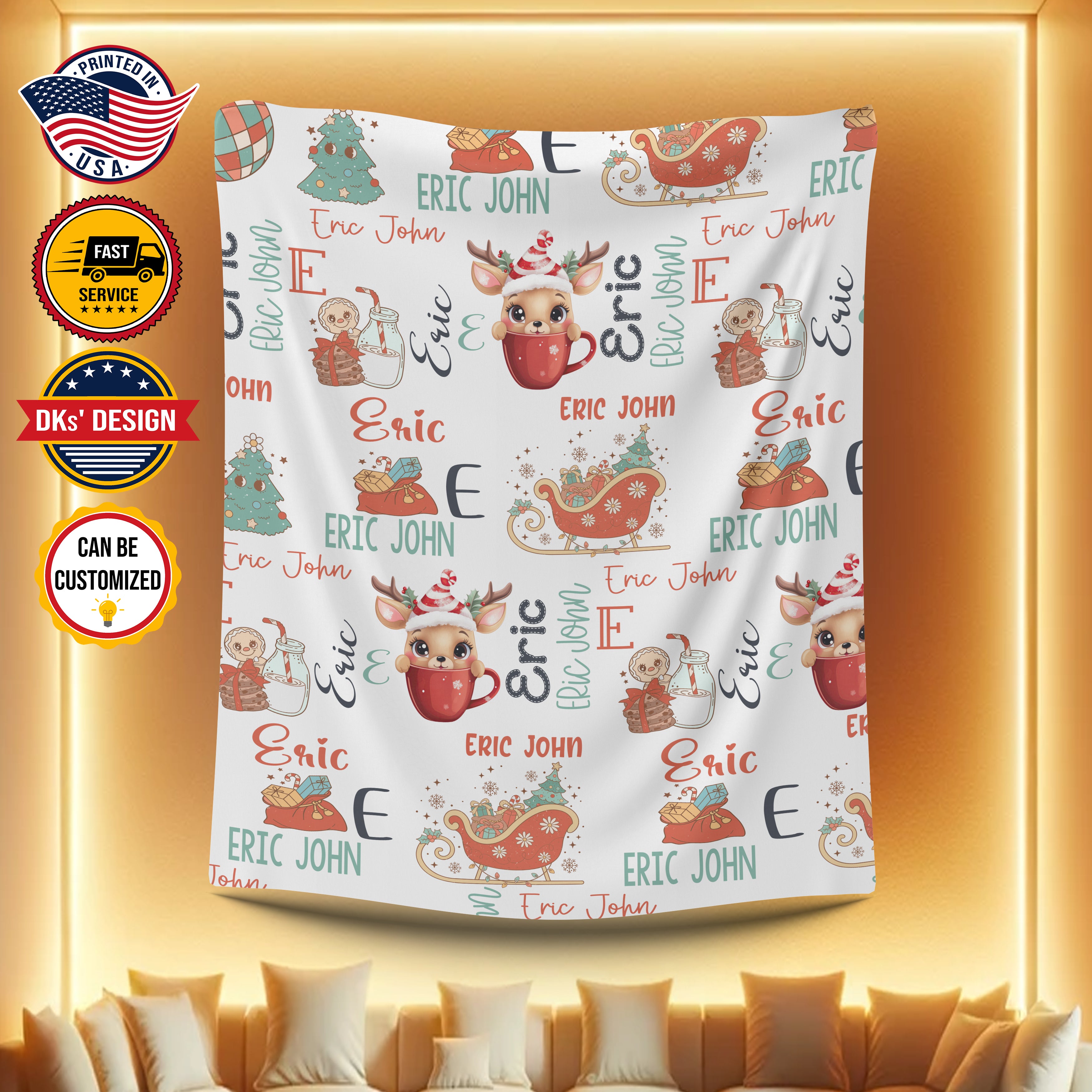 Personalized Christmas Baby Name Pattern Blanket, Custom Baby Christmas Blanket, Reindeer Hot Chocolate Blanket, Baby Shower Gift, Christmas Gift