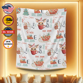Personalized Christmas Baby Name Pattern Blanket, Custom Baby Christmas Blanket, Reindeer Hot Chocolate Blanket, Baby Shower Gift, Christmas Gift
