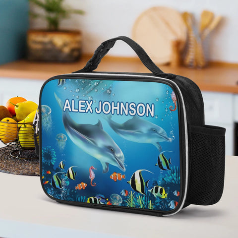 Image of Personalized Kids Backpack and Lunch Box Set, Custom Name Dolphin Under The Sea Creature Backpack With Lunch Box Matching Combo