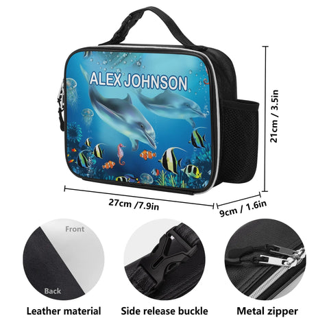 Image of Personalized Kids Backpack and Lunch Box Set, Custom Name Dolphin Under The Sea Creature Backpack With Lunch Box Matching Combo