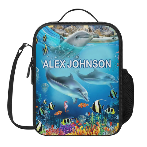 Image of Personalized Kids Backpack and Lunch Box Set, Custom Name Dolphin Under The Sea Creature Backpack With Vertical Lunch Box Matching