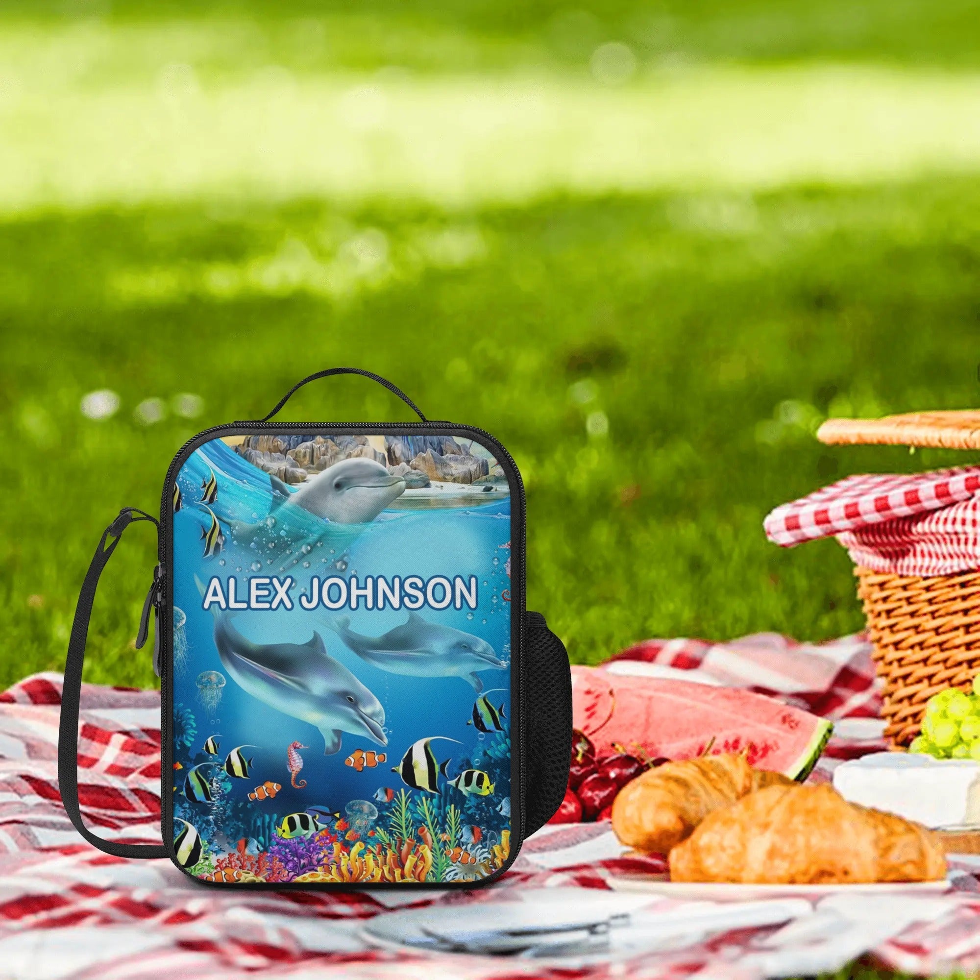 Personalized Kids Backpack and Lunch Box Set, Custom Name Dolphin Under The Sea Creature Backpack With Vertical Lunch Box Matching