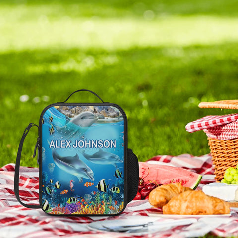 Image of Personalized Kids Backpack and Lunch Box Set, Custom Name Dolphin Under The Sea Creature Backpack With Vertical Lunch Box Matching