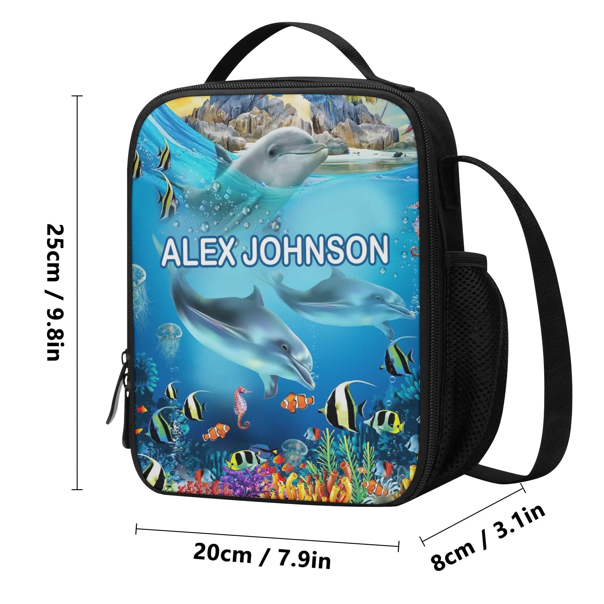 Personalized Kids Backpack and Lunch Box Set, Custom Name Dolphin Under The Sea Creature Backpack With Vertical Lunch Box Matching