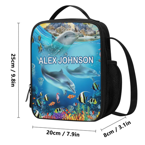 Image of Personalized Kids Backpack and Lunch Box Set, Custom Name Dolphin Under The Sea Creature Backpack With Vertical Lunch Box Matching