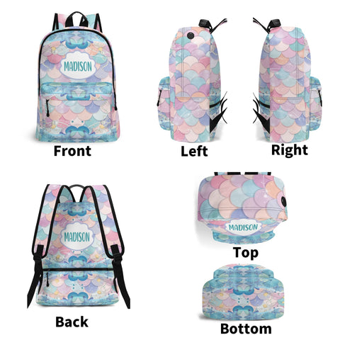 Image of Personalized Kids Backpack and Lunch Box Set, Custom Name Mermaid Pattern Backpack With Lunch Box, School Backpacks Matching Combo