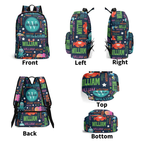 Image of Personalized Kids Backpack and Lunch Box Set, Custom Name Colorful Lettering Sea Animal Backpack With Vertical Lunch Box Matching Set