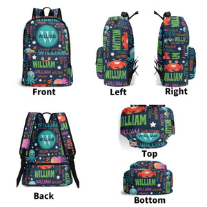 Personalized Kids Backpack and Lunch Box Set, Custom Name Colorful Lettering Sea Animal Backpack With Vertical Lunch Box Matching Set