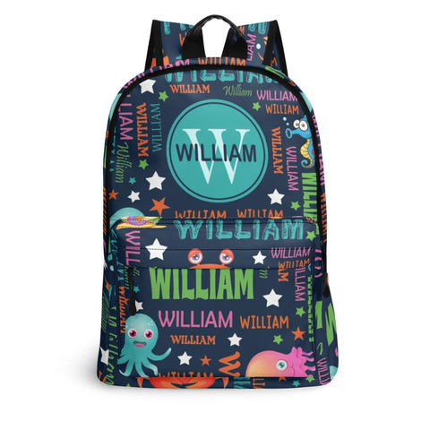 Image of Personalized Kids Backpack and Lunch Box Set, Custom Name Colorful Lettering Sea Animal Backpack With Vertical Lunch Box Matching Set