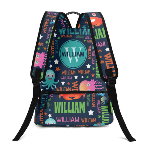 Image of Personalized Kids Backpack and Lunch Box Set, Custom Name Colorful Lettering Sea Animal Backpack With Vertical Lunch Box Matching Set