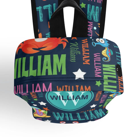 Image of Personalized Kids Backpack and Lunch Box Set, Custom Name Colorful Lettering Sea Animal Backpack With Lunch Box Set