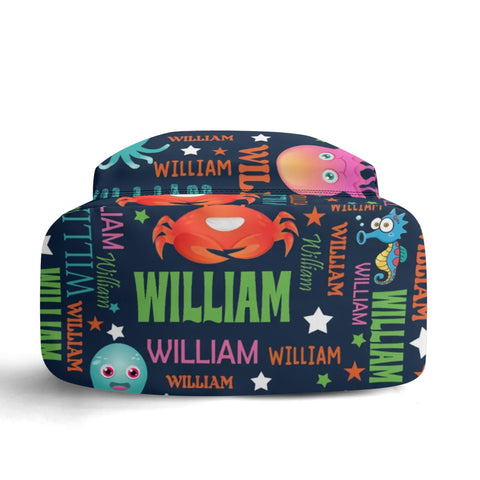 Image of Personalized Kids Backpack and Lunch Box Set, Custom Name Colorful Lettering Sea Animal Backpack With Vertical Lunch Box Matching Set