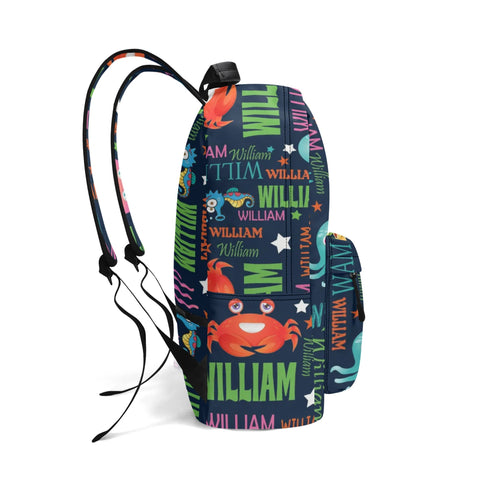 Image of Personalized Kids Backpack and Lunch Box Set, Custom Name Colorful Lettering Sea Animal Backpack With Vertical Lunch Box Matching Set