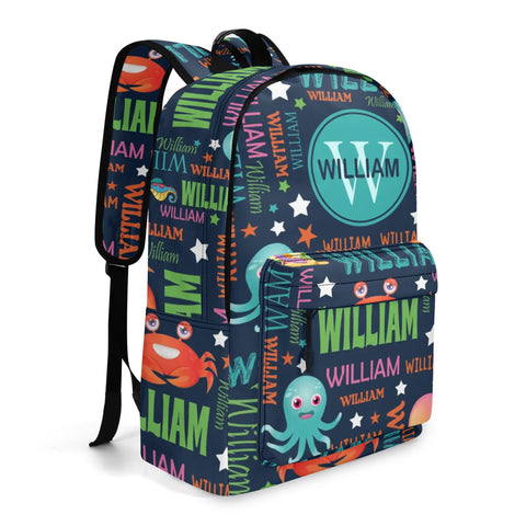 Image of Personalized Kids Backpack and Lunch Box Set, Custom Name Colorful Lettering Sea Animal Backpack With Vertical Lunch Box Matching Set