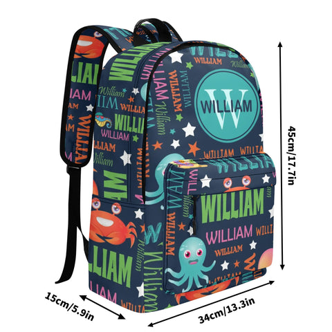 Image of Personalized Kids Backpack and Lunch Box Set, Custom Name Colorful Lettering Sea Animal Backpack With Vertical Lunch Box Matching Set