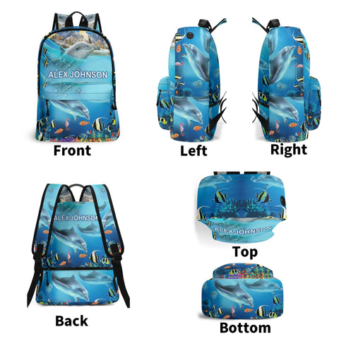 Image of Personalized Kids Backpack and Lunch Box Set, Custom Name Dolphin Under The Sea Creature Backpack With Vertical Lunch Box Matching