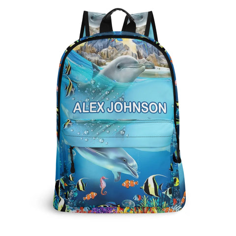 Image of Personalized Kids Backpack and Lunch Box Set, Custom Name Dolphin Under The Sea Creature Backpack With Vertical Lunch Box Matching