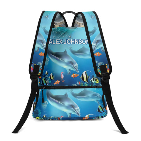 Image of Personalized Kids Backpack and Lunch Box Set, Custom Name Dolphin Under The Sea Creature Backpack With Vertical Lunch Box Matching