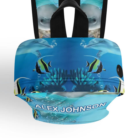 Image of Personalized Kids Backpack and Lunch Box Set, Custom Name Dolphin Under The Sea Creature Backpack With Vertical Lunch Box Matching