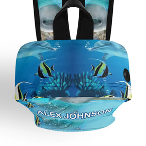 Personalized Kids Backpack and Lunch Box Set, Custom Name Dolphin Under The Sea Creature Backpack With Vertical Lunch Box Matching