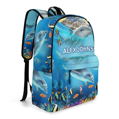 Image of Personalized Kids Backpack and Lunch Box Set, Custom Name Dolphin Under The Sea Creature Backpack With Vertical Lunch Box Matching