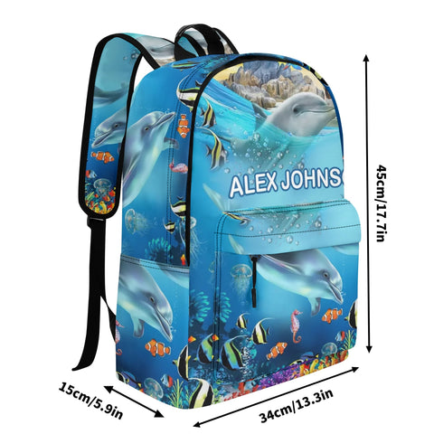 Image of Personalized Kids Backpack and Lunch Box Set, Custom Name Dolphin Under The Sea Creature Backpack With Vertical Lunch Box Matching