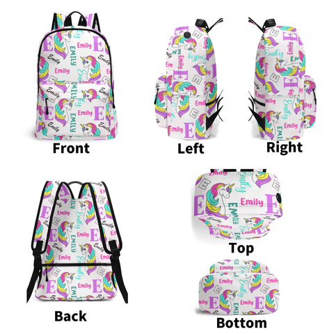 Image of Personalized Kids Backpack and Lunch Box Set, Custom Unicorn Girls Pattern Backpack With Vertical Lunch Box, School Backpacks Matching