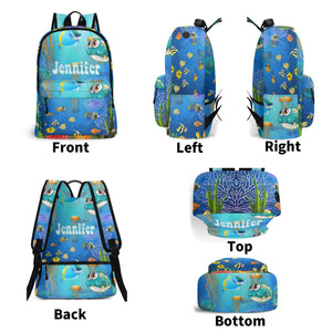 Personalized Kids Backpack and Lunch Box Set, Custom Name Sea Animals Backpack With Vertical Lunch Box, School Backpacks Matching Combo