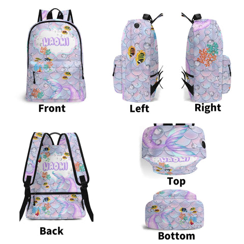 Image of Personalized Kids Backpack and Lunch Box Set, Custom Name Mermaid Girls Backpack With Vertical Lunch Box, School Backpacks Matching