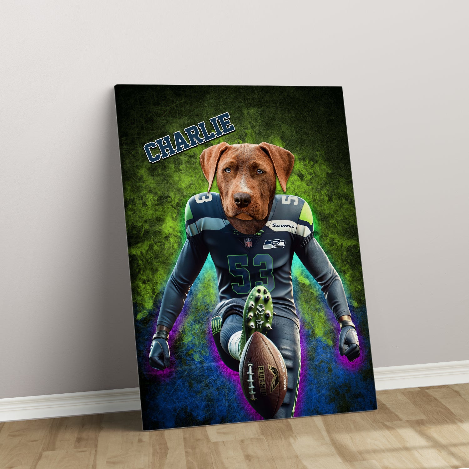 Personalized Football Pet Portrait, Seattle Football Dog Cat Portrait, Custom Pet Canvas Poster, Football Lovers’ Gift, Digital Download